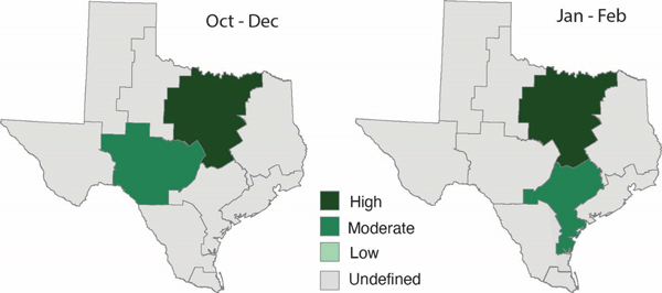 A map of texas state with green and gray statesDescription automatically generated