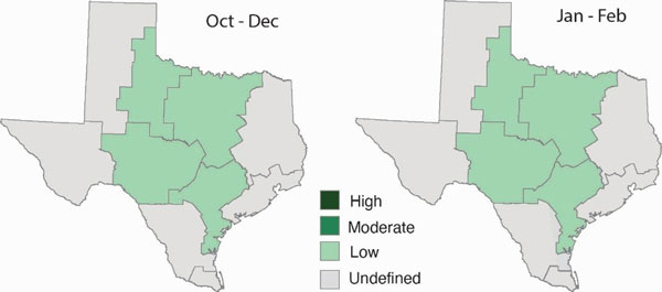 The image depicts a geographical map divided into regions, showing a temporal progression from October to February, with a color gradient indicating levels of a certain metric: High, Moderate, Low, and Undefined.AI-generated content may be incorrect.